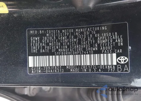2017 Toyota Corolla Le from USA, damaged, VIN 5YFBURHE0HP574410
